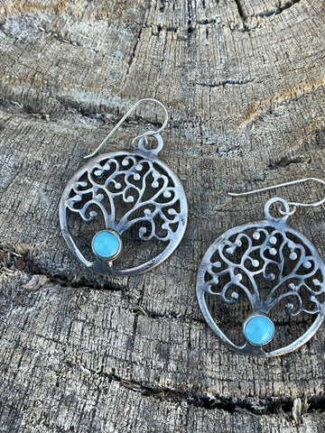 Navajo Sterling Silver Turquoise Tree Of Life Dangle Earrings