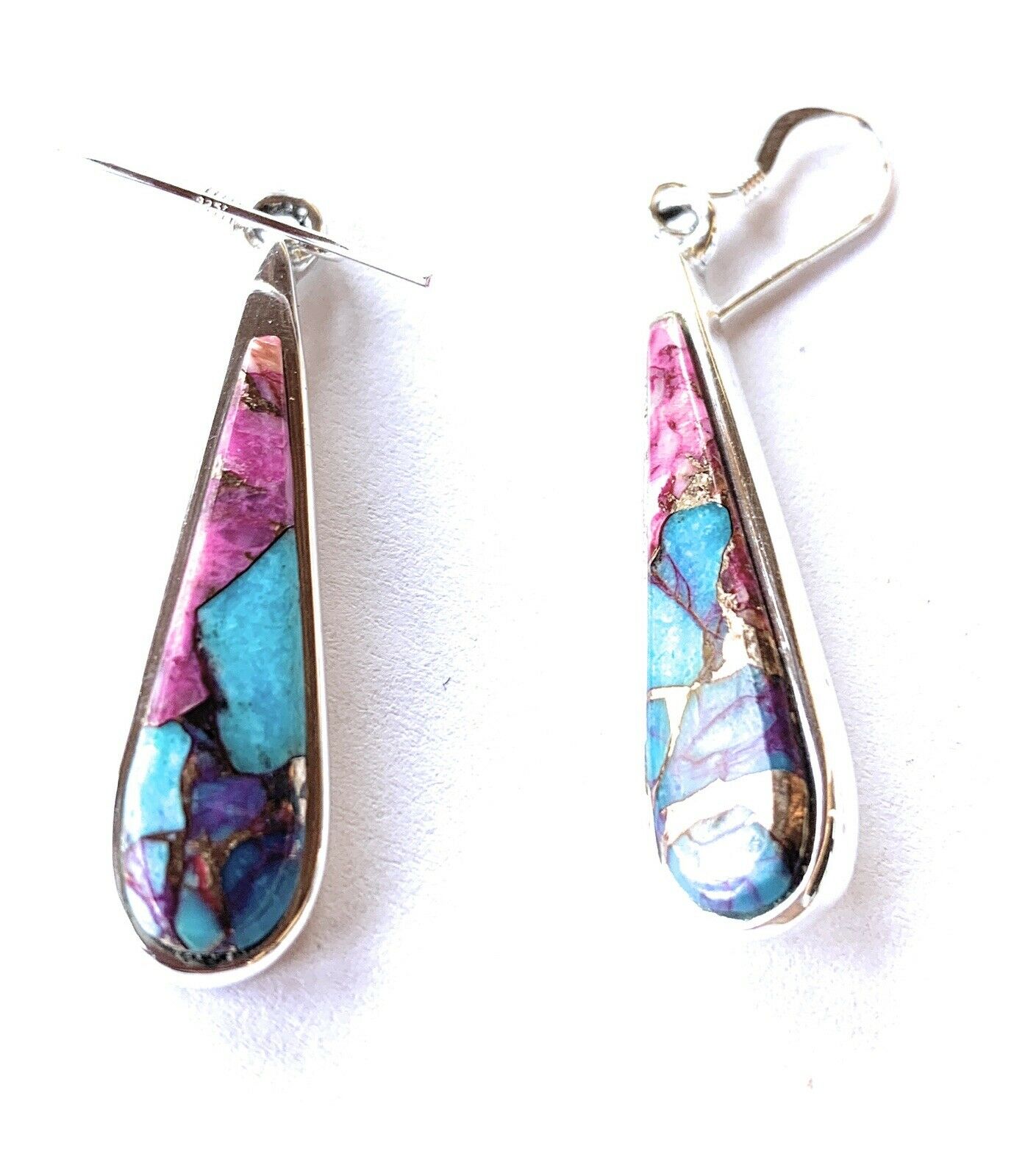 Navajo Pink Dream Mohave & Sterling Silver Rain Drop Dangle Earrings