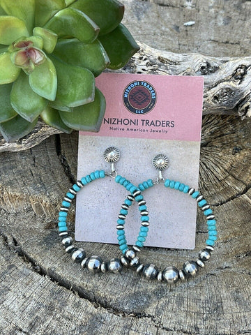 Navajo Sterling Silver Turquoise Stone Post Hoop Earrings