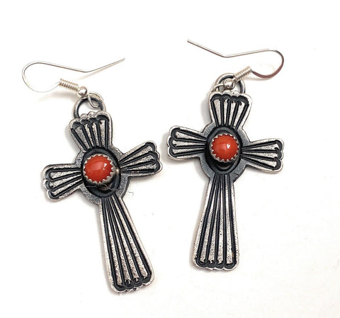 Navajo Coral & Sterling Silver Cross Dangle Earrings By Kevin Billah