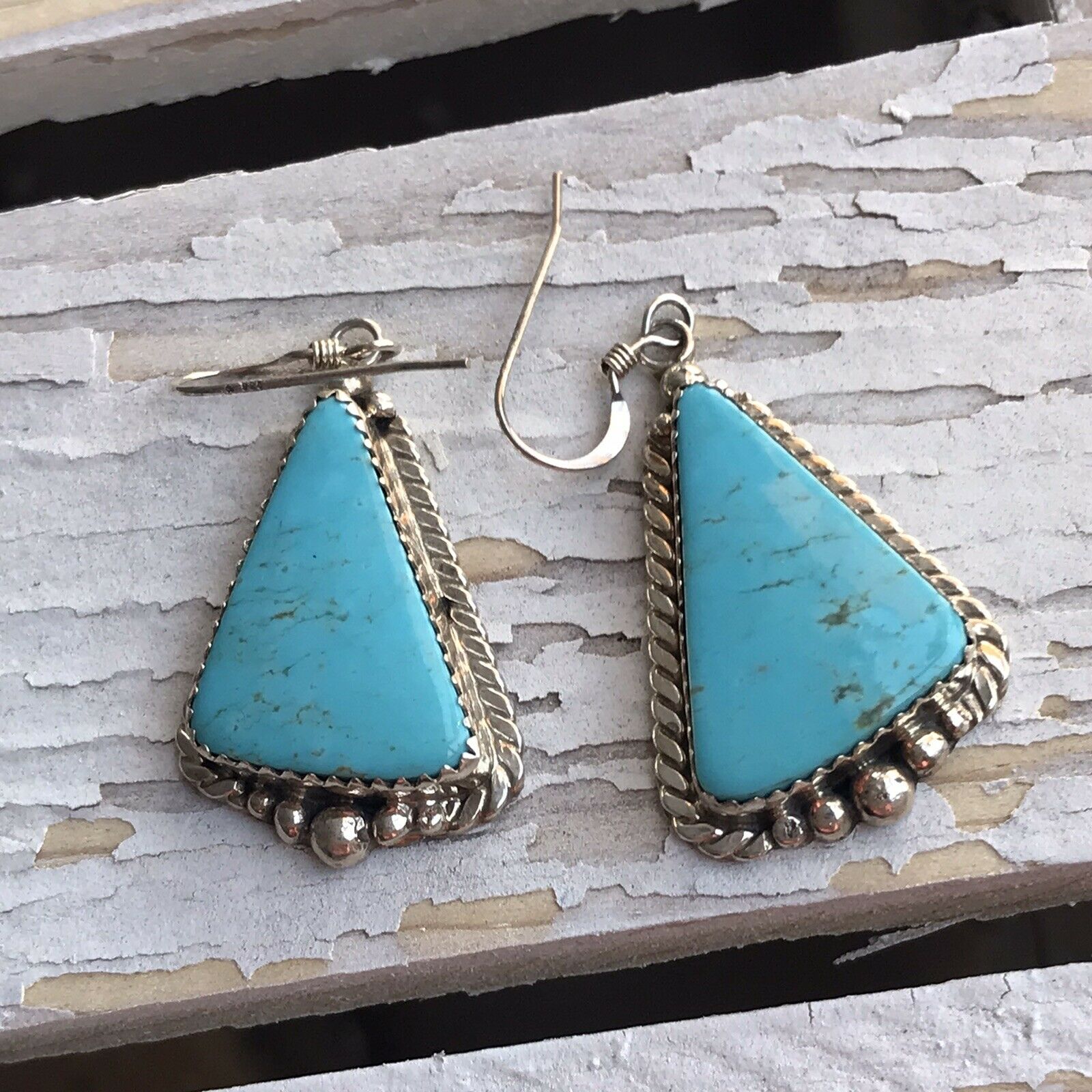 Navajo Sterling Silver Turquoise Stone Dangle Earrings Signed