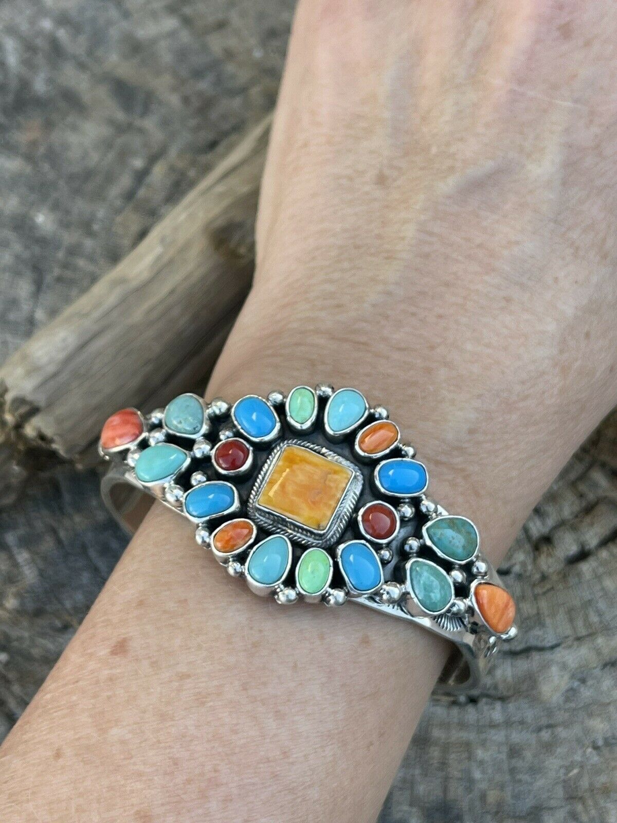 Navajo Multi Stone Sterling Silver Cluster Colorful Cuff Bracelet