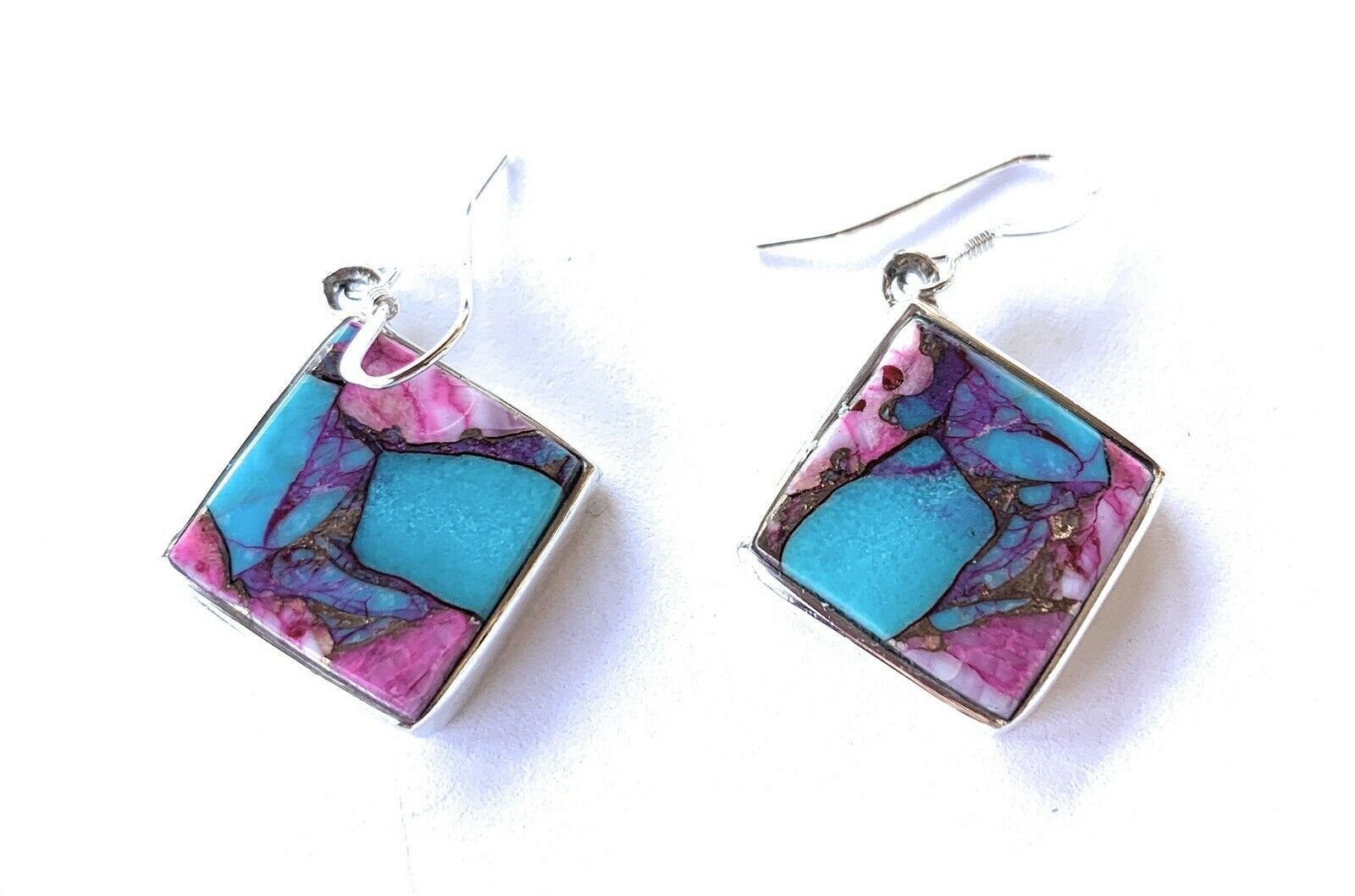 Navajo Pink Dream Mohave & Sterling Square Delight Dangle Earrings