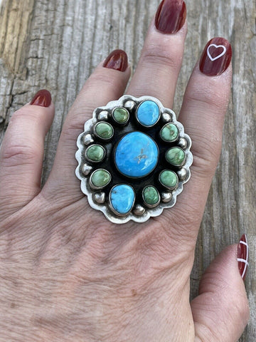 Navajo Sterling Sonoran Gold And Golden Hills Turquoise Cluster Ring Size 8.5