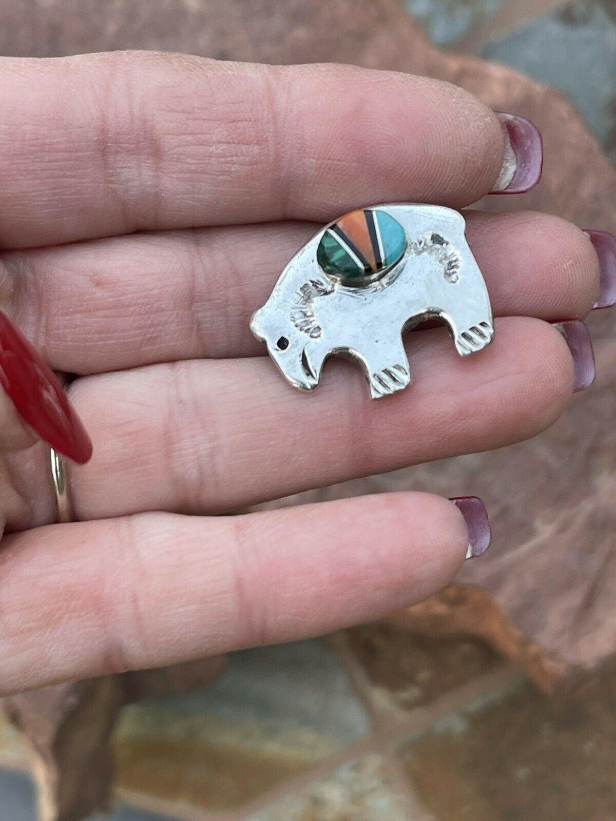 Navajo Sterling Silver Multi Stone Buffalo Pendant Pin Signed