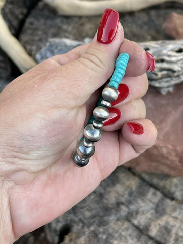 Gorgeous Beautiful Bright Blue Turquoise & Sterling Bead Hoop Dangle Earrings