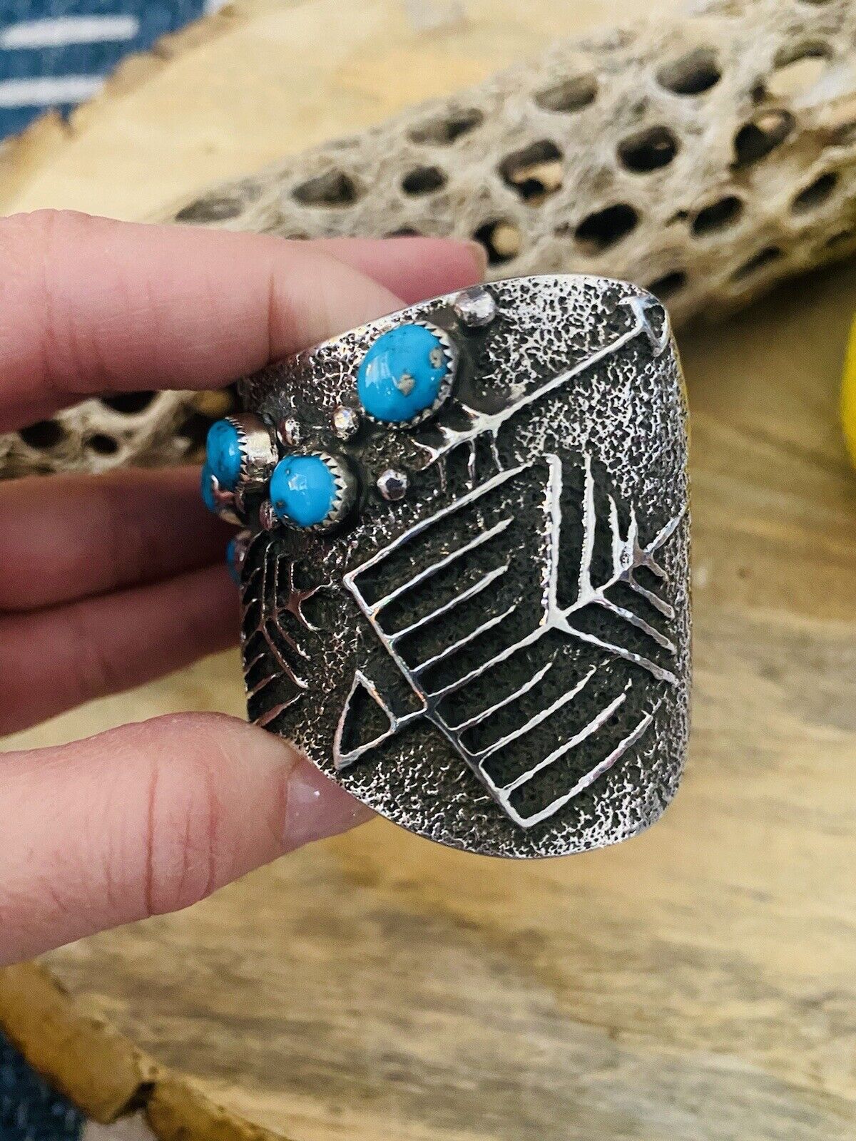 Navajo Turquoise & Sterling Silver Cuff Bracelet Signed