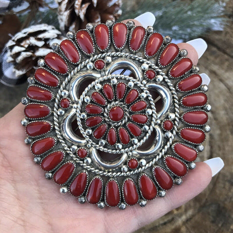 Navajo Jumbo Sterling Silver & Natural Red Coral Cluster Pendant/pin Signed