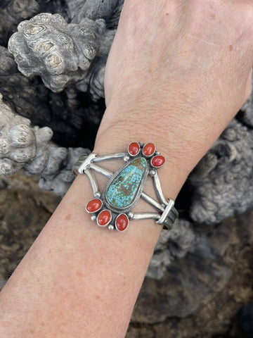 Navajo Sterling Kingman Web Turquoise & Red Coral Taos Bracelet Cuff Johnson