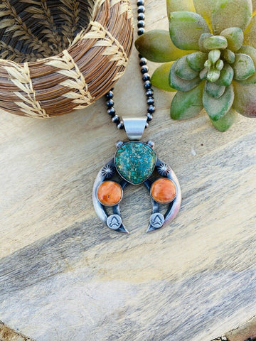 Navajo Sterling Silver, Turquoise & Orange Spiny Naja Pendant By Chimney Butte