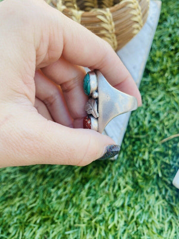 Vintage Navajo Sterling Silver, Turquoise & Coral Ring Size 10