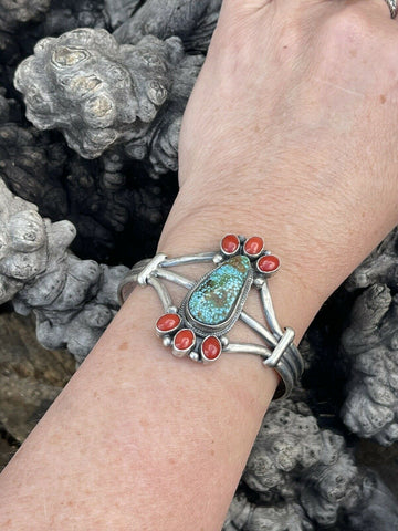 Navajo Sterling Kingman Web Turquoise & Red Coral Taos Bracelet Cuff Johnson