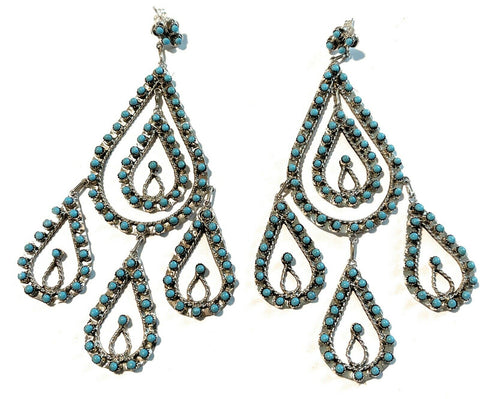 Zuni Sterling Silver & Snake Eye Chandelier Turquoise Dangle Earrings