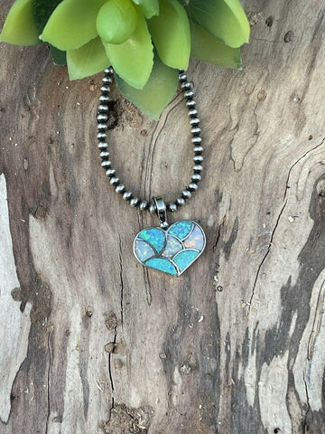 Zuni Iridescent Blue Opal & Sterling Silver Heart Pendant