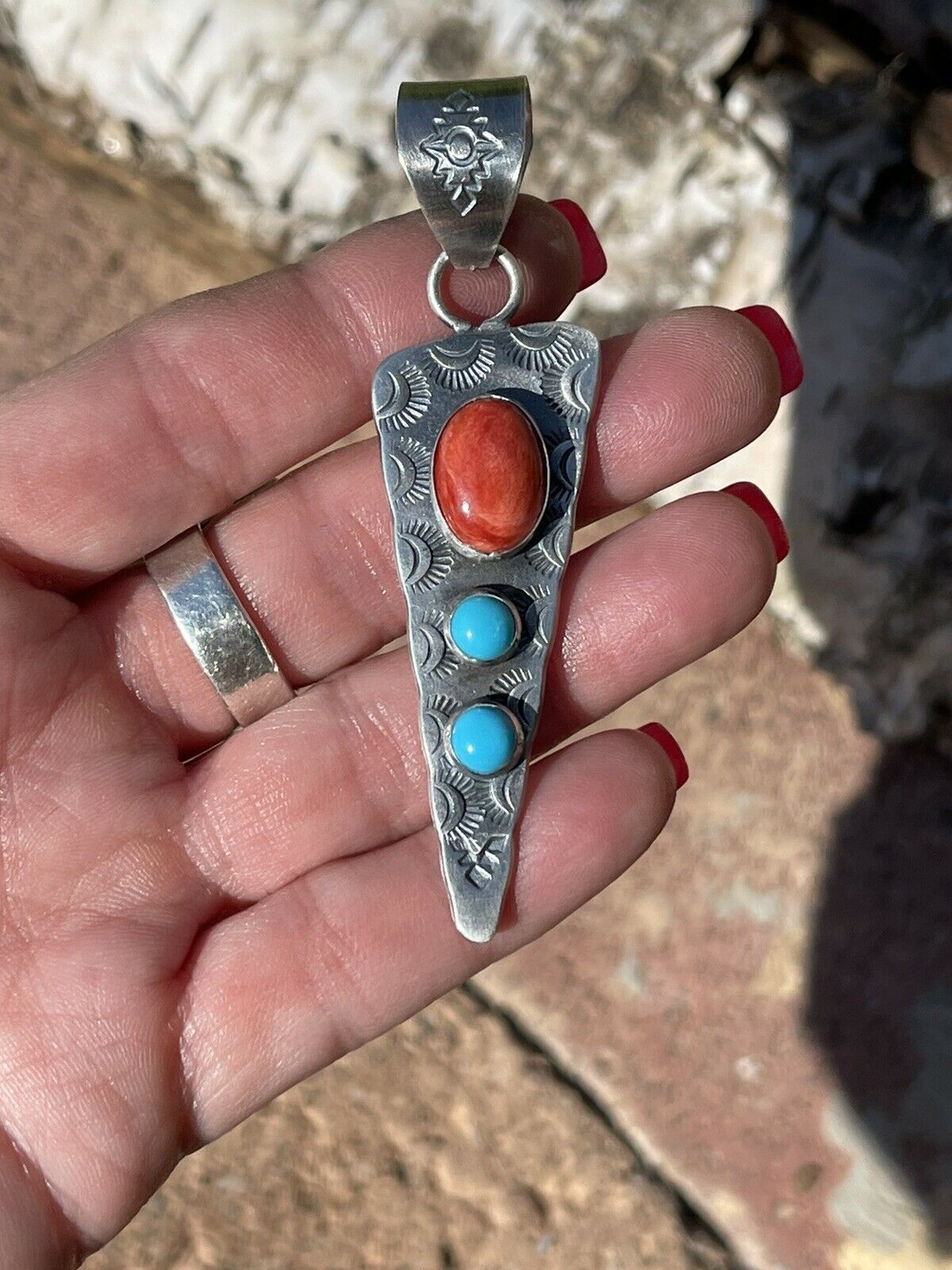 Navajo Handmade Sterling Silver Arrow Turquoise and Spiny Pendant