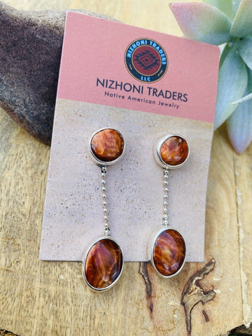 Navajo Sterling Silver & Orange Spiny Oyster Dangle Earrings