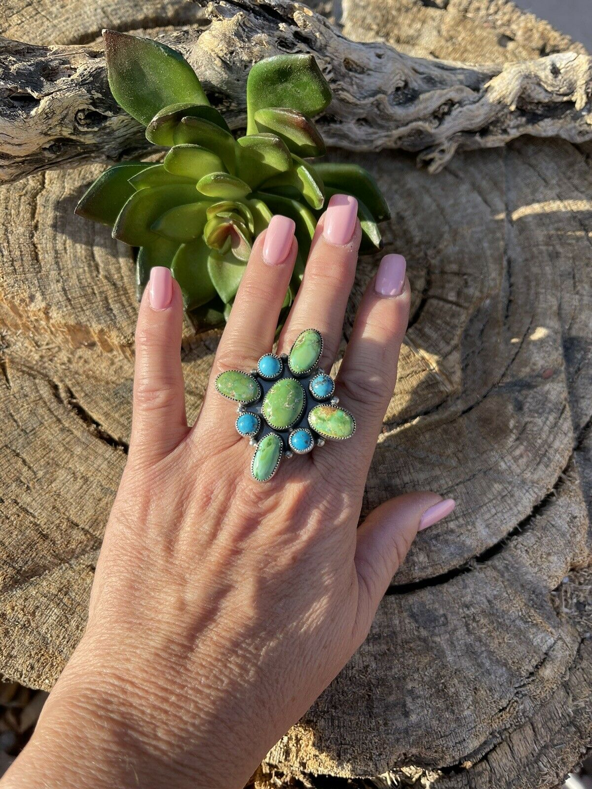 Navajo Sterling Sonoran Gold And Golden Hills Turquoise Cluster Ring Size 8.5