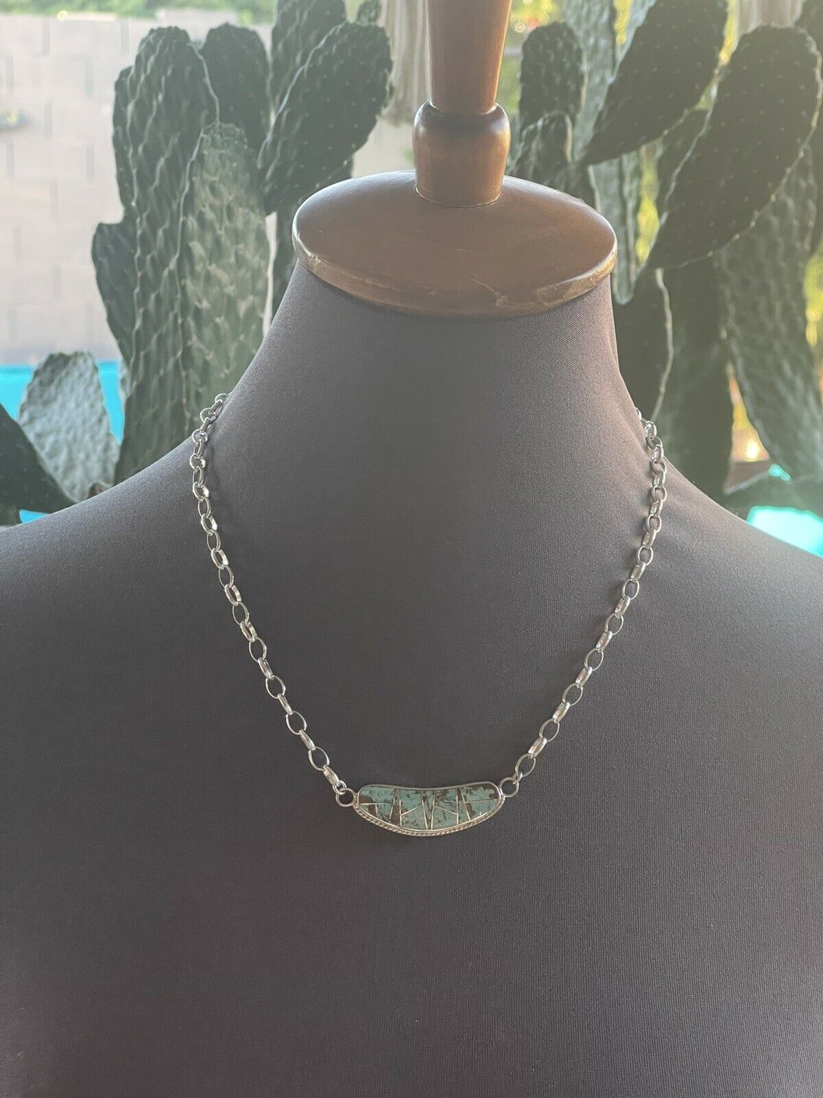 Navajo Sterling Silver & Turquoise Inlay Sleek Pendant Necklace