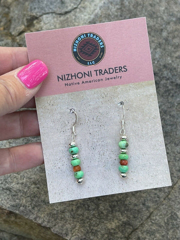 Navajo Sterling Apple Coral  & Green Kingman Turquoise Dangle Bead Earrings