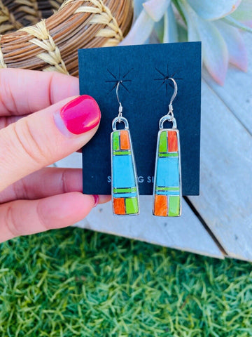 Navajo Multi Stone And Sterling Silver Inlay Dangle Earrings