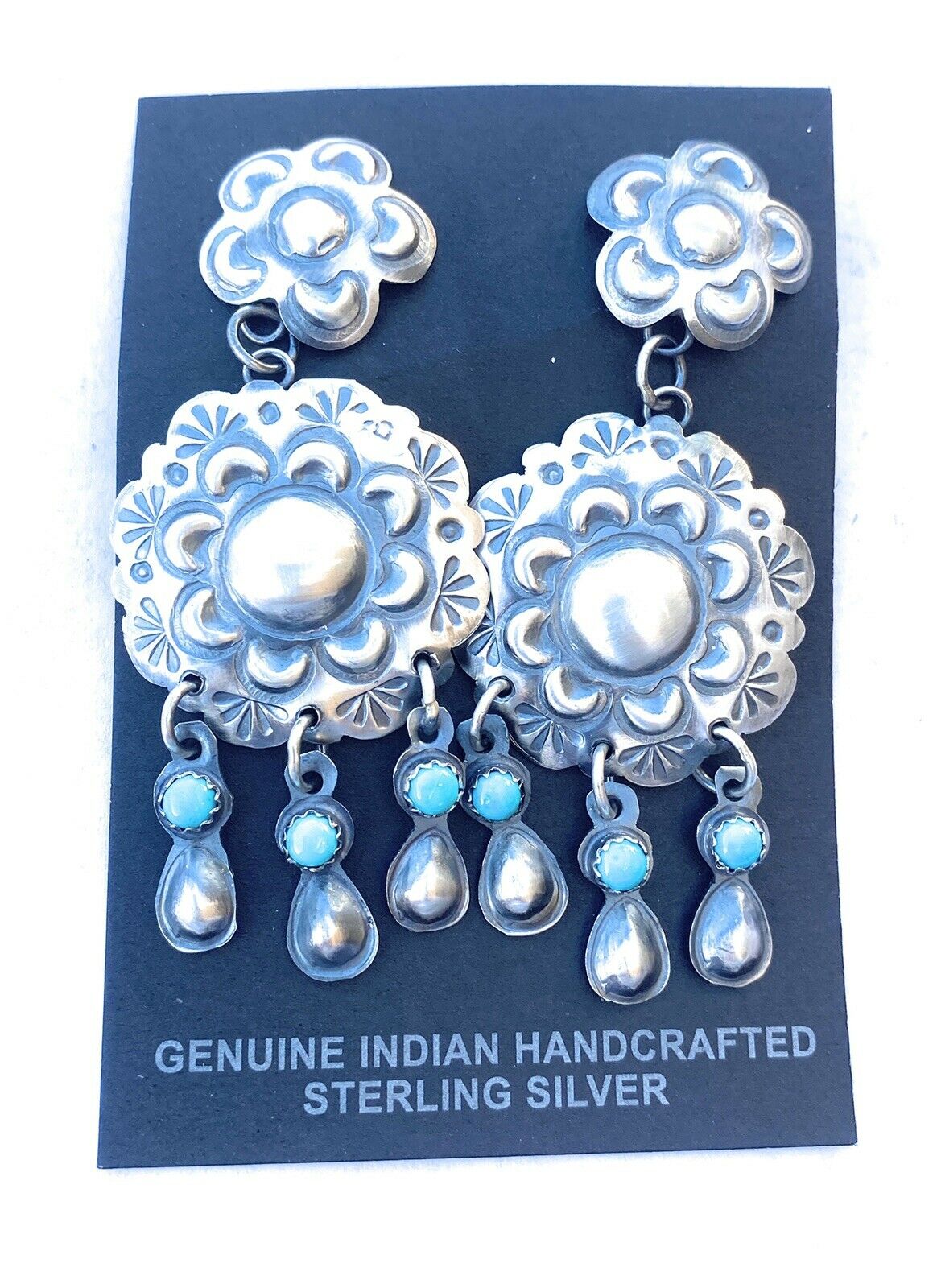 Navajo Sterling Silver & Turquoise Concho Dangle Earrings Signed