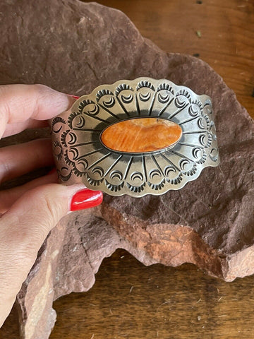 Navajo Orange Spiny & Sterling Silver Concho Cuff Bracelet Chimney Butte Signed