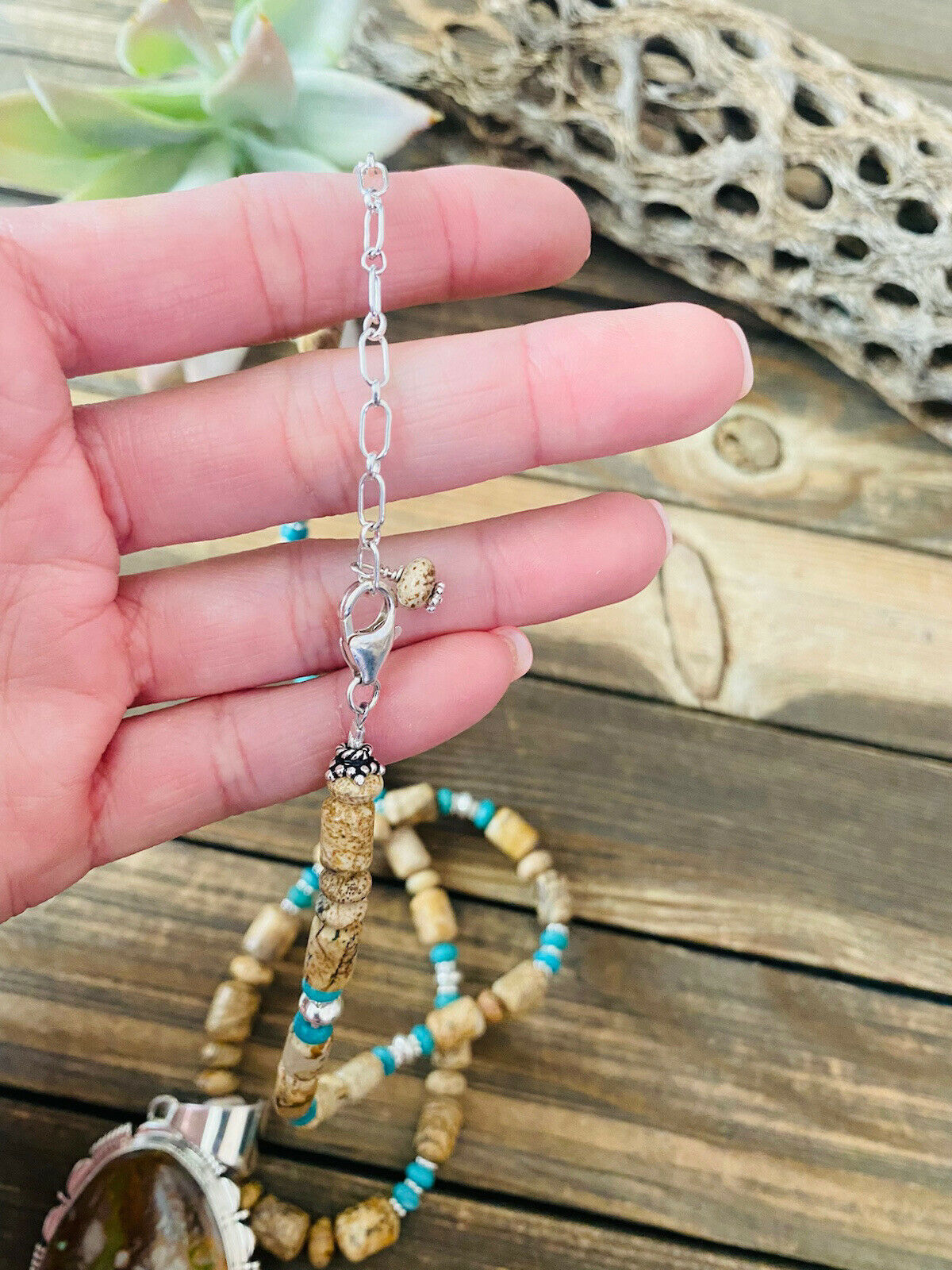 Navajo Jasper, Turquoise And Sterling Silver Beaded Necklace & Pendant Signed