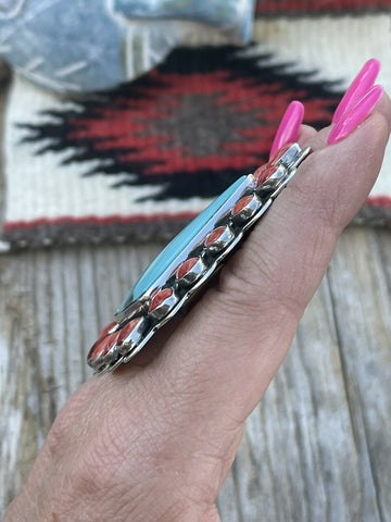 Navajo Cluster Fox Turquoise Spiny Sterling Silver Ring Sz Is Adjustable