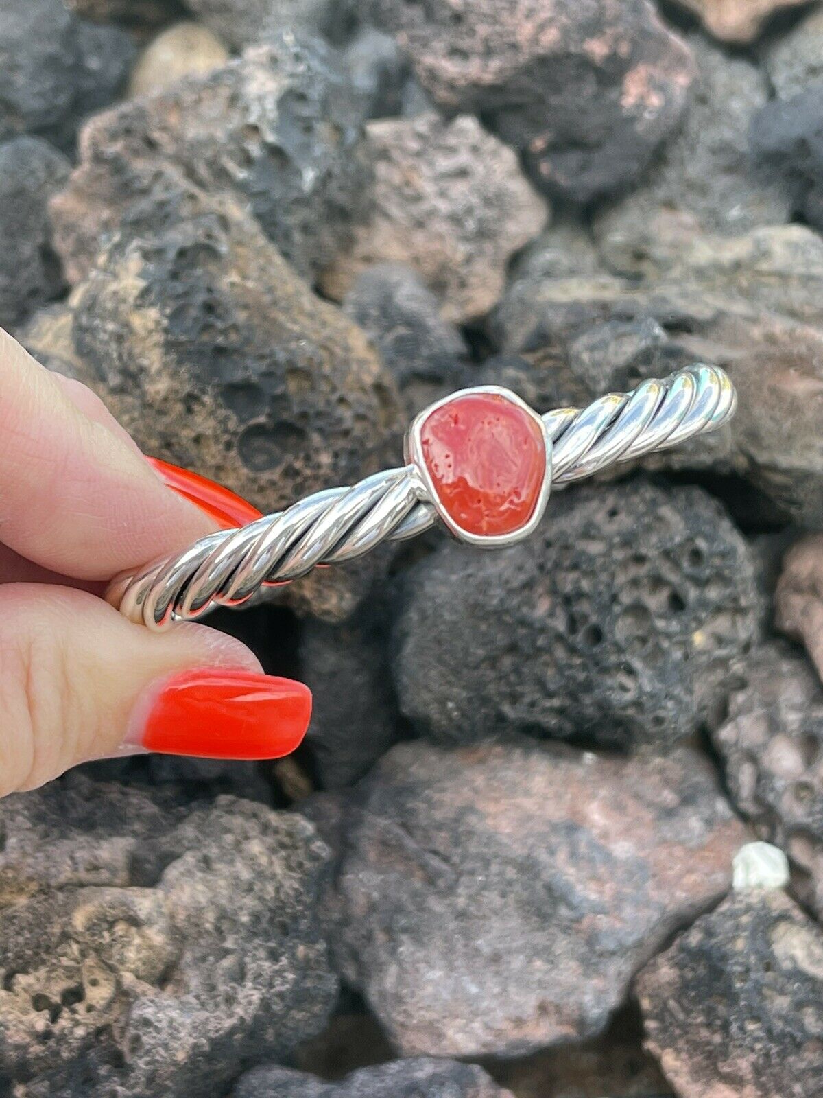 Sterling Silver Rope Twist Natural Red Coral Cuff Bracelet