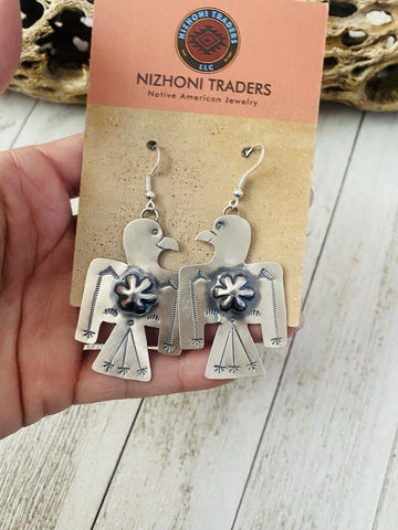 Navajo Hand Stamped Sterling Silver Thunderbird Dangle Earrings By Tim Yazzie