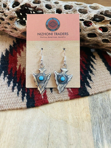 Navajo Turquoise & Sterling Silver Arrowhead Dangle Earrings