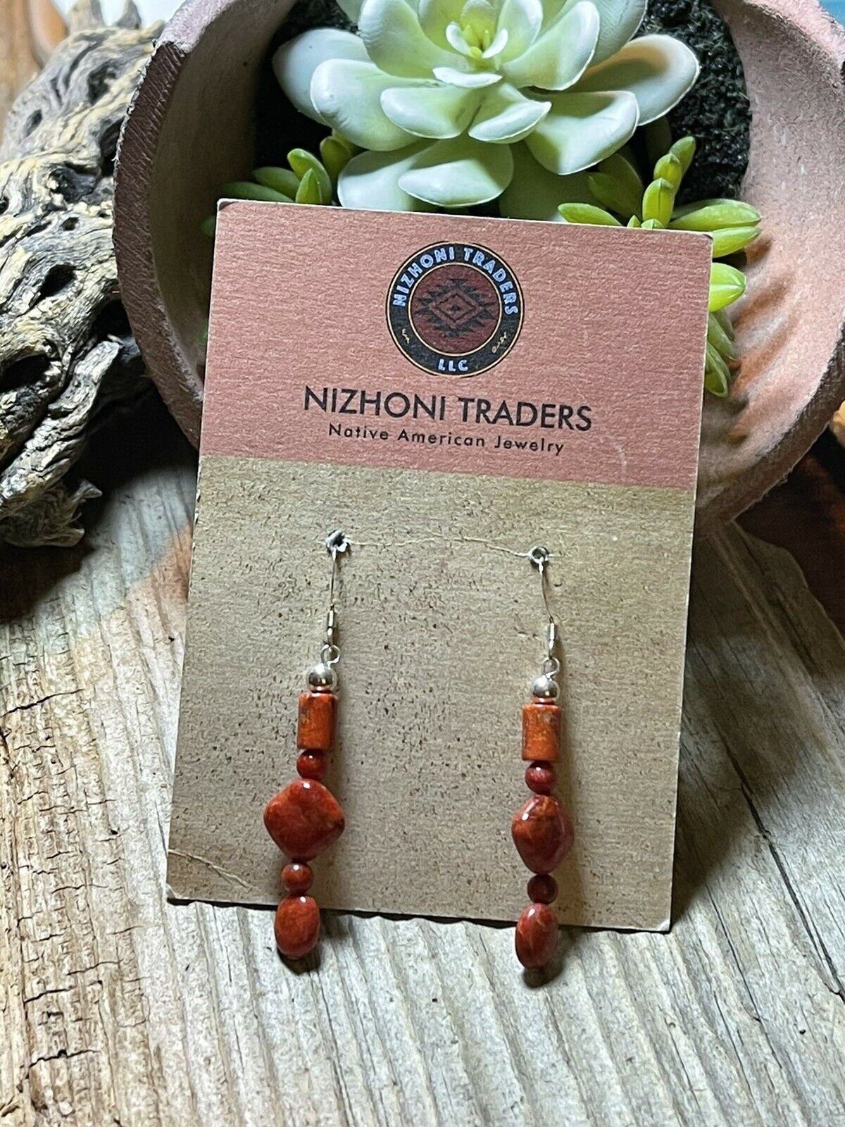 Navajo Sterling Silver Apple Coral Strand Beaded Earrings