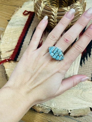 Navajo Turquoise & Sterling Silver High Rise Inlay Ring