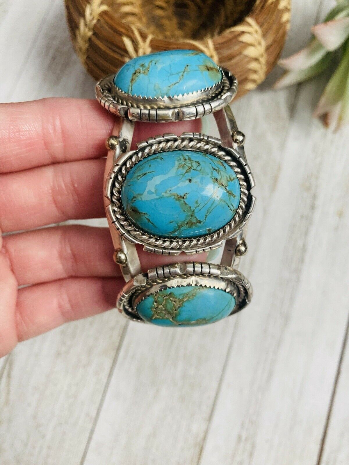 Navajo Old Pawn Vintage Turquoise & Sterling Silver Bracelet Signed