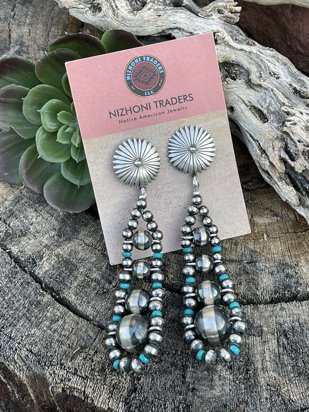 Navajo Sterling Silver Turquoise Gradual Bead Dangle Earrings