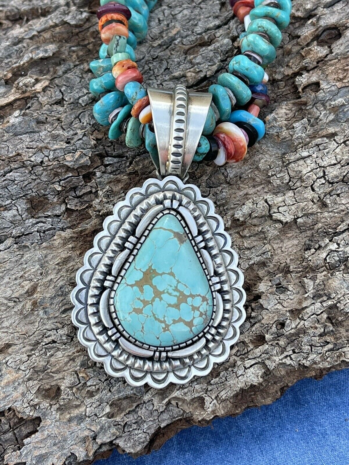 Navajo Number 8  Turquoise & Sterling Silver Jumbo Pendant Signed