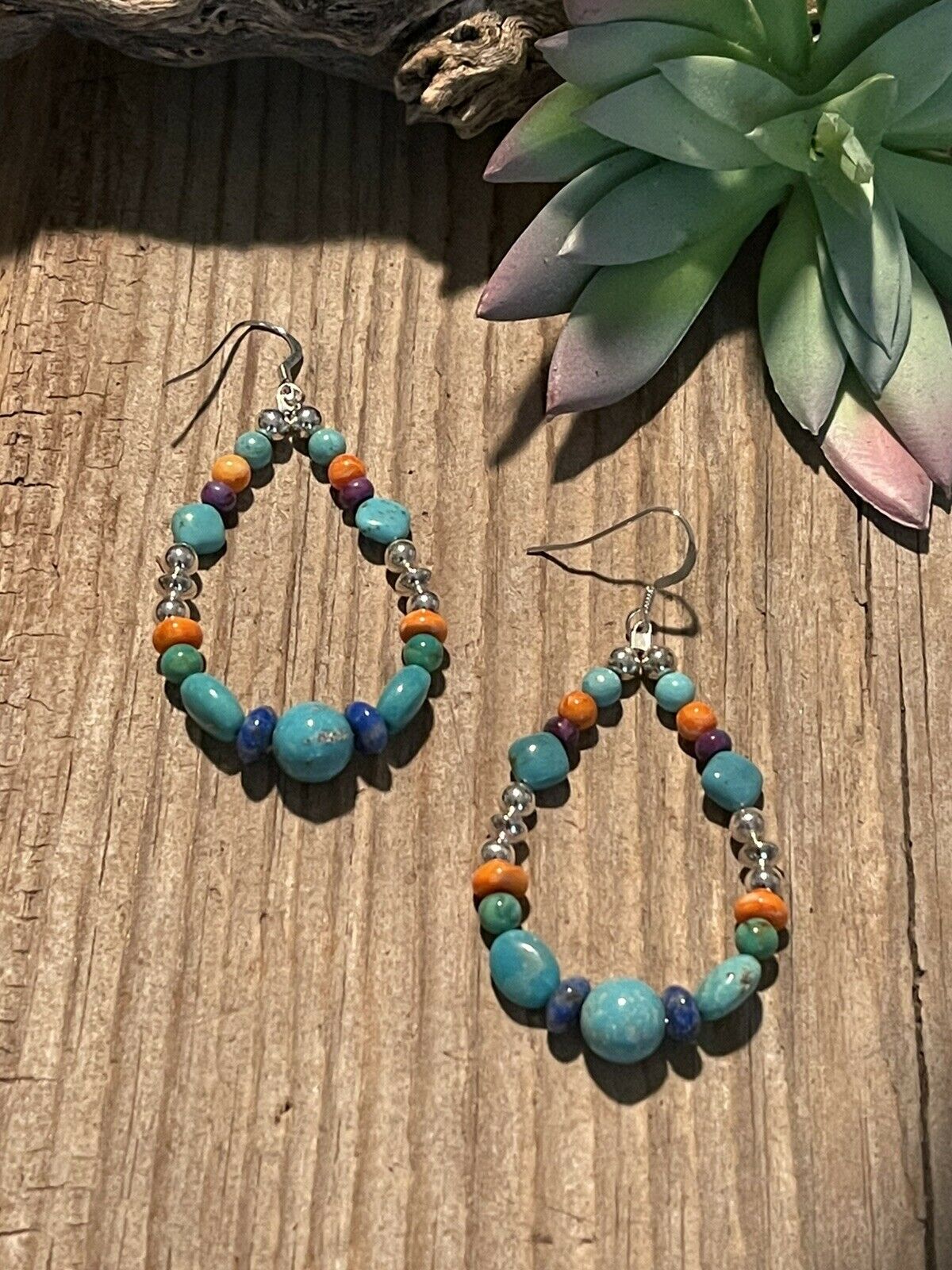 Navajo Sterling Silver Turquoise Multi Stone Beaded Hoop Dangle Earrings