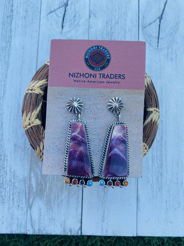 Navajo Sterling Silver, Spiny & Turquoise Dangle Earrings Signed