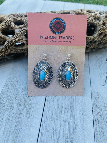 Navajo Sterling Silver & Turquoise Hand Stamped Dangle Earrings