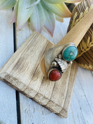 Vintage Navajo Sterling Silver, Turquoise & Coral Ring Size 10