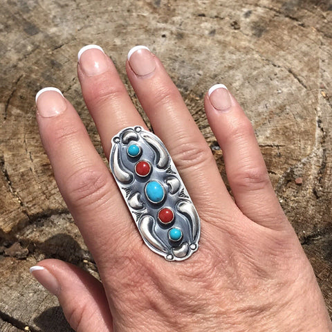 Navajo Sterling Silver Turquoise Coral 5 Stone Ring