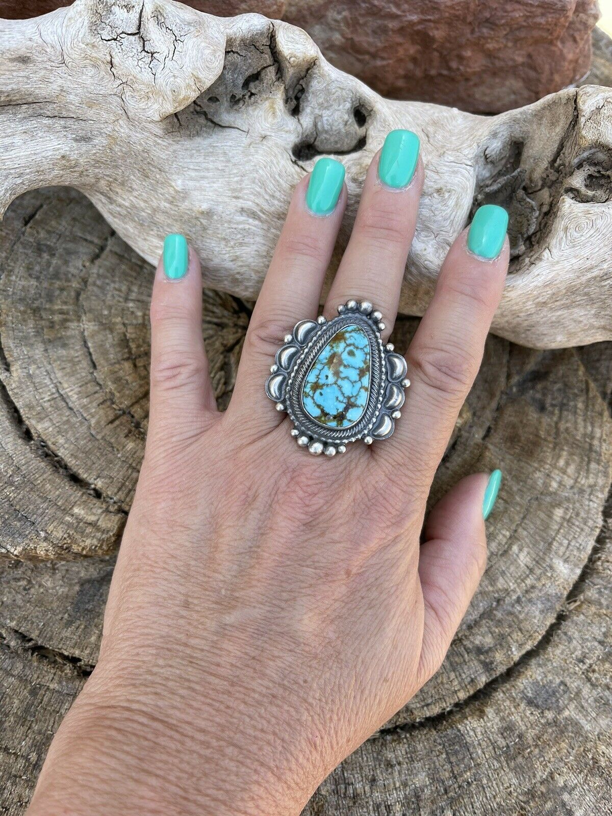 Navajo Sonoran Mountain Turquoise & Sterling Silver Statement Ring Size 7