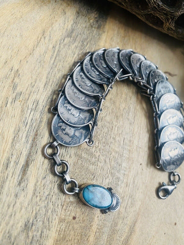 Navajo Turquoise & Sterling Silver Liberty Dime Bracelet By James McCabe