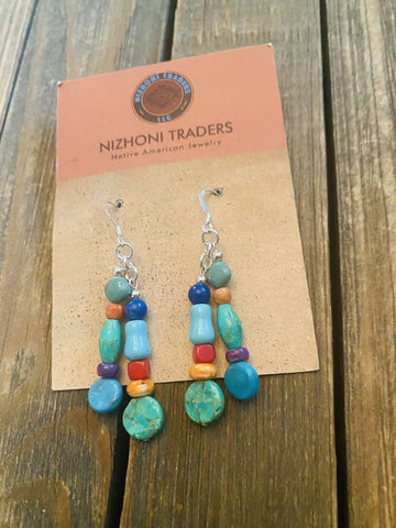 Navajo Sterling Silver Multi Stone Beaded Dangle Earrings