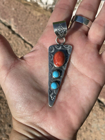 Navajo Handmade Sterling Silver Arrow Turquoise and Spiny Pendant