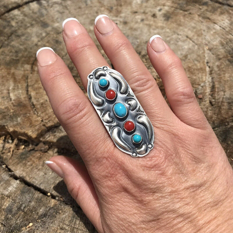 Navajo Sterling Silver Turquoise Coral 5 Stone Ring