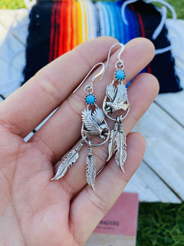 Navajo Sterling Silver  Turquoise Feather Dangle Earrings