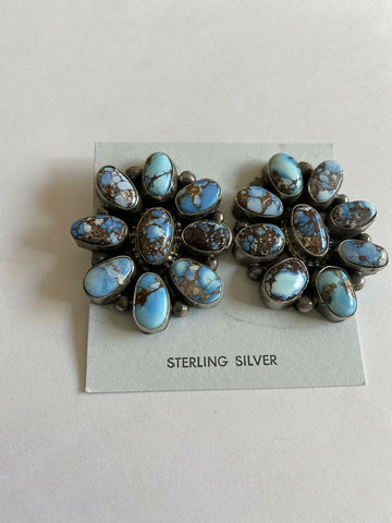 Navajo Sterling Silver & Golden Hills Turquoise  Cluster Post Earrings Signed