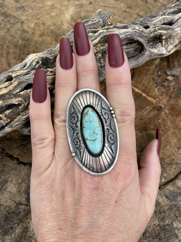 Navajo Number 8 Turquoise & Sterling Silver Statement Ring Size 8.5 Signed