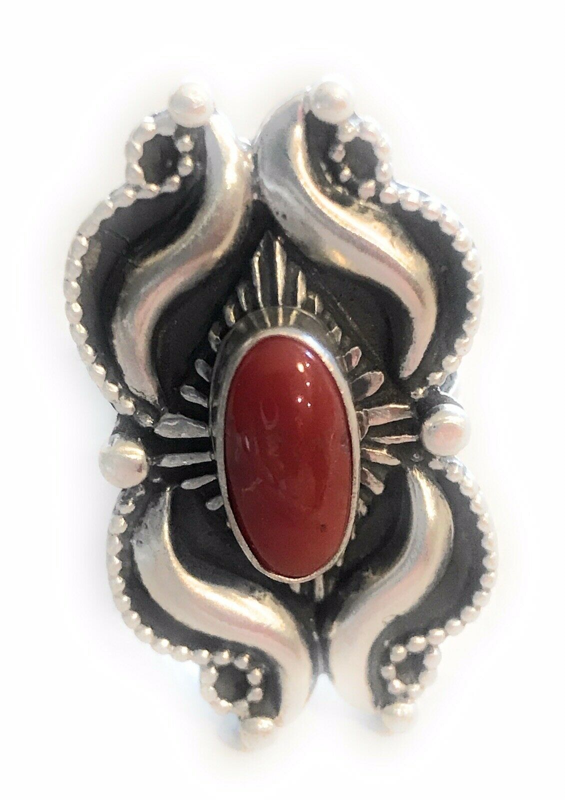 Navajo Sterling Silver Natural Red Coral Ring Artist L. James